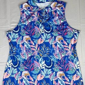 18 Birdies‎ Polo Shirt Womens Large Blue Floral Paisley Sleeveless Golf Stretch